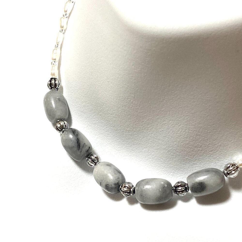 Genuine Grey Anhydrite & White Freshwater Pearl Choker, Beaded Natural Gemstones